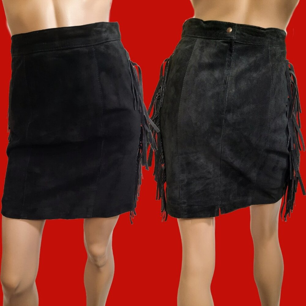 Vintage 90s Black Fringed Suede Mini Skirt Size S Western Rocker Grunge Indie